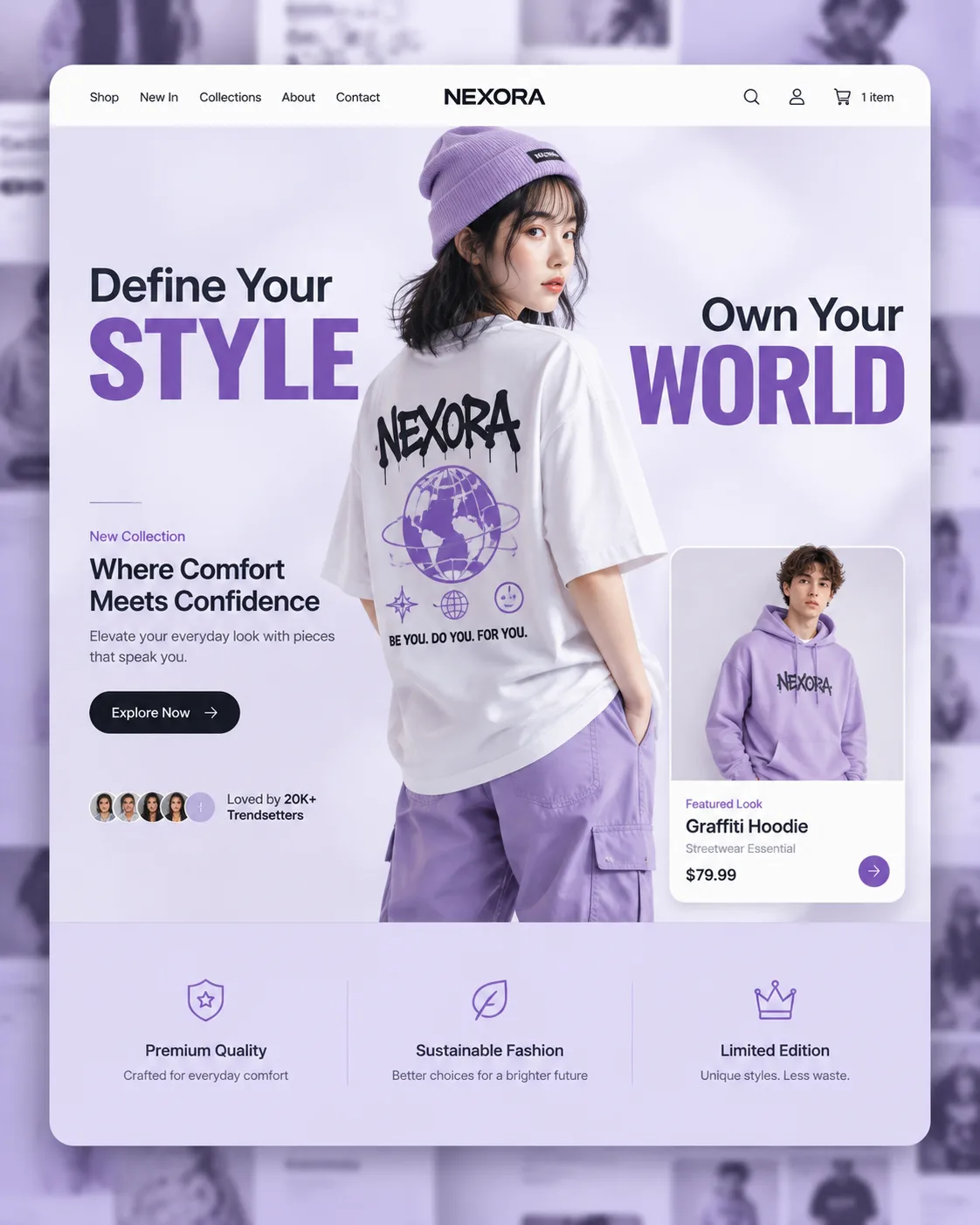 A premium fashion ecommerce homepage mockup for the streetwear brand "NE