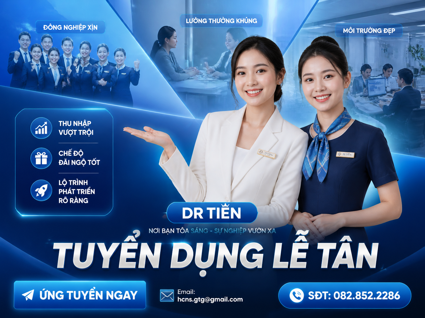 A modern corporate recruitment banner, Vietnamese style, blue gradient t