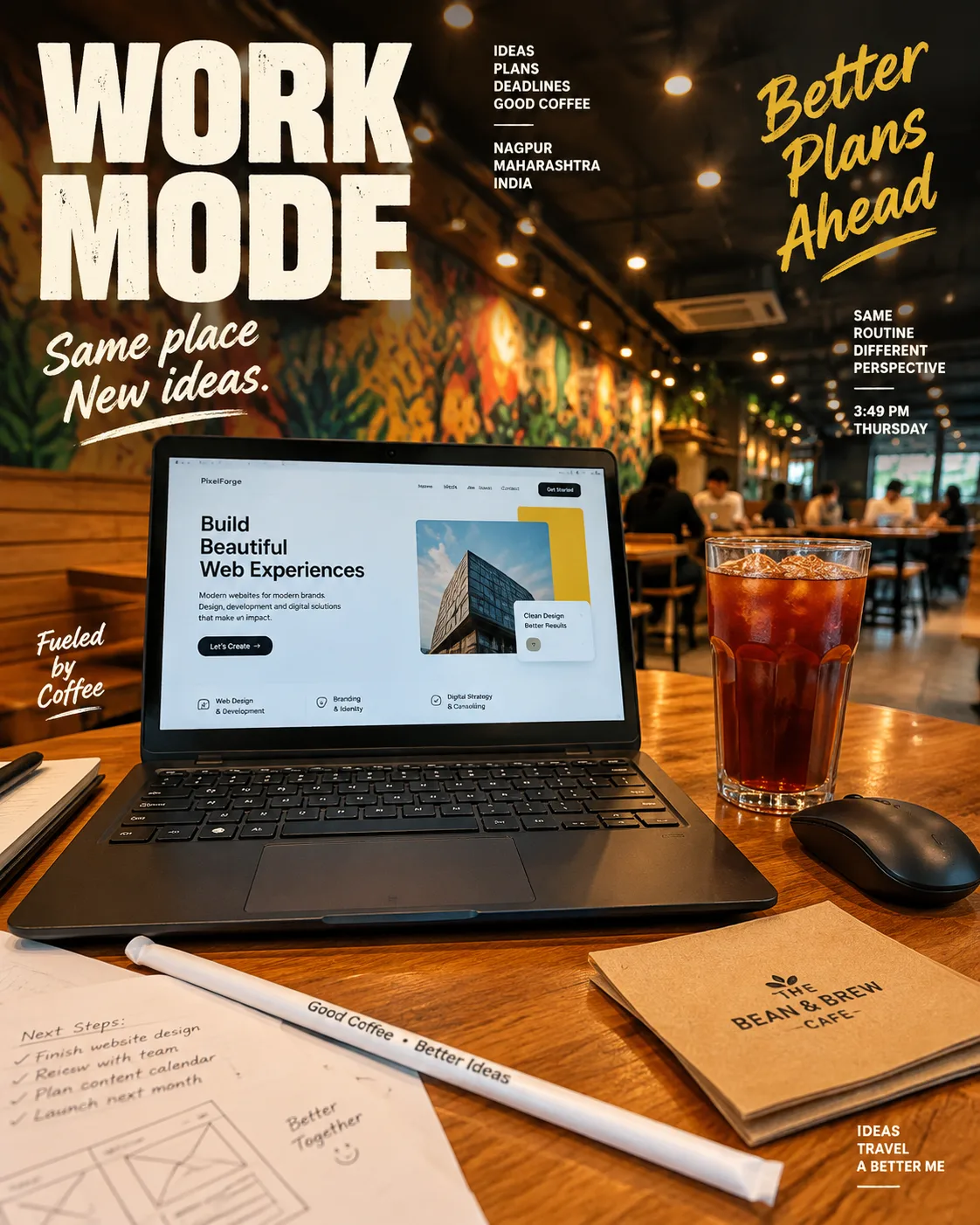 Vertical 4:5 lifestyle productivity poster set inside a warm modern cafe