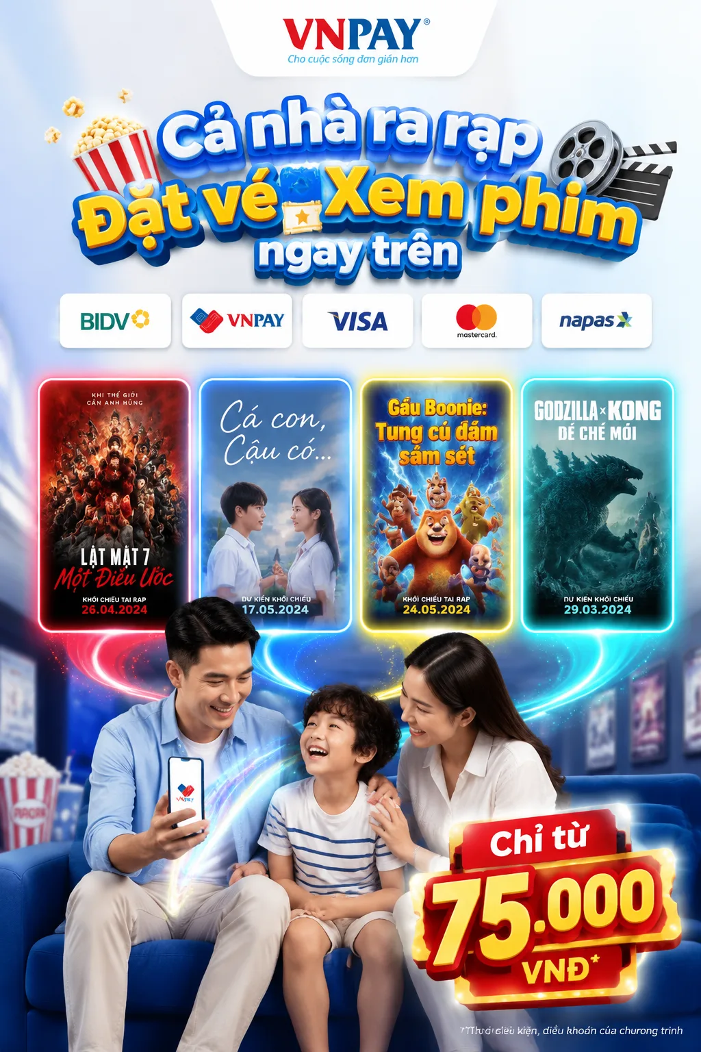 Create a vertical Vietnamese commercial poster for VNPAY movie-ticket bo