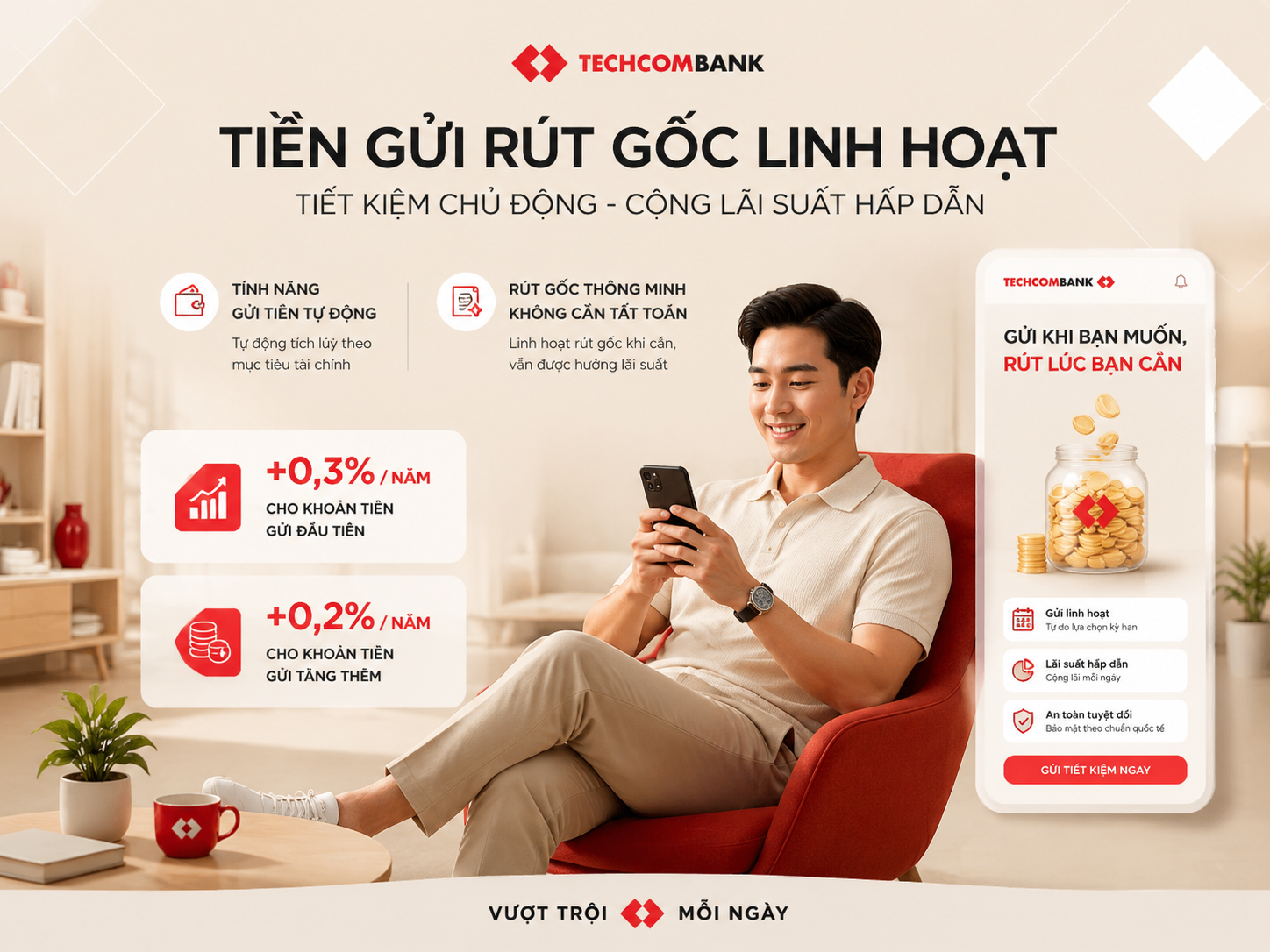 A premium fintech banking banner, minimal and elegant design, warm neutr