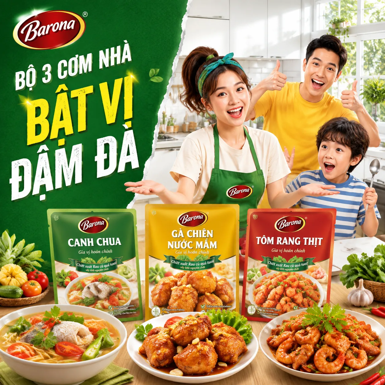 Poster quảng cáo thực phẩm vuông 1:1 cho Barona, phong cách thương mại r
