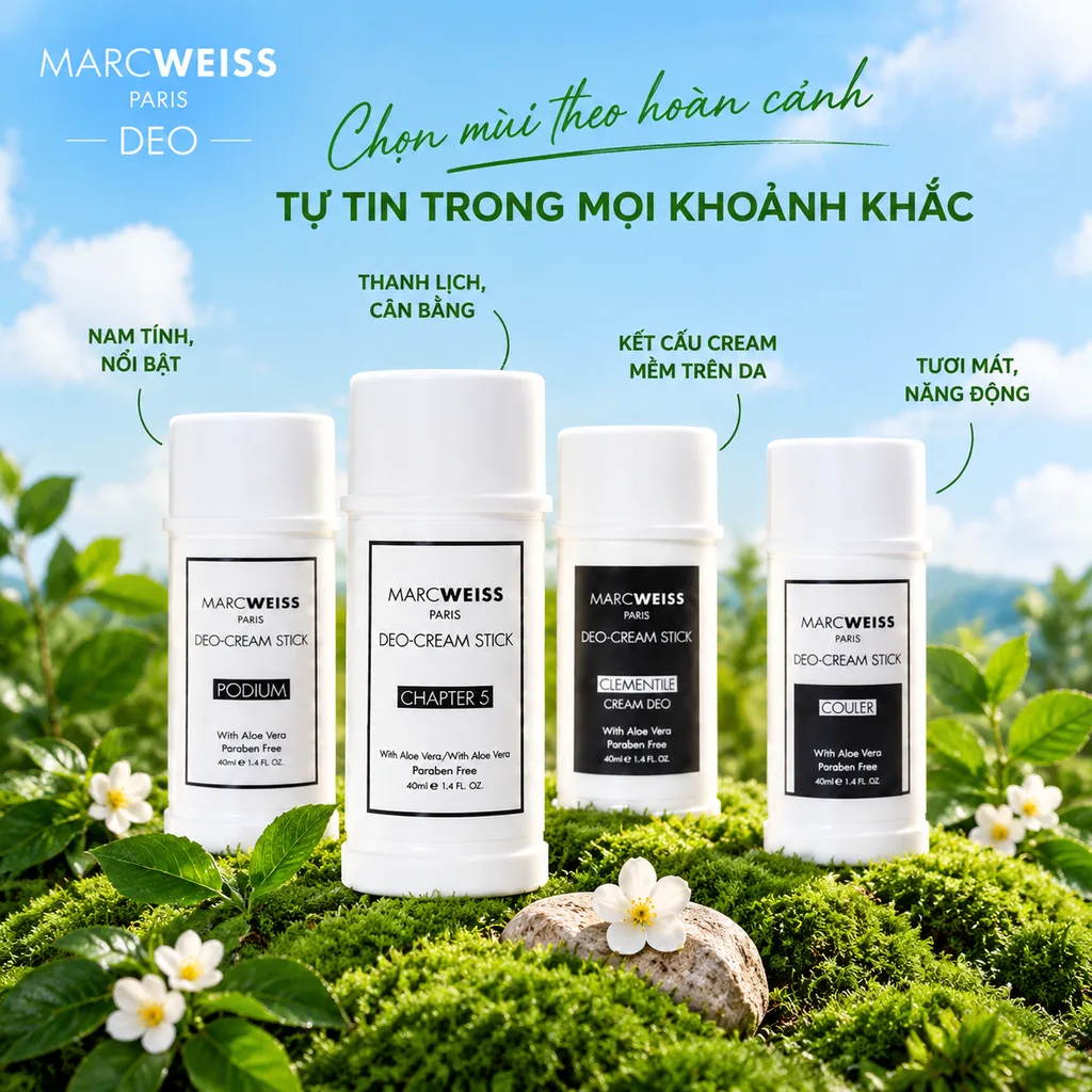 Create a Vietnamese fragrance and personal-care advertisement for Marc