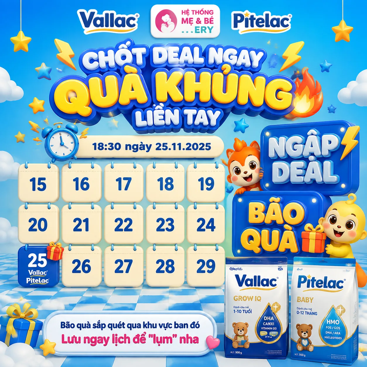 Create a square Vietnamese baby-nutrition promotional poster in a playfu