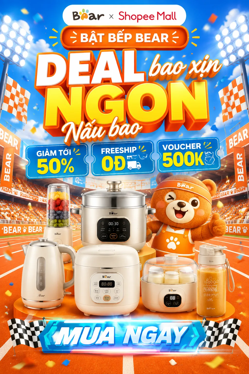 Create a bright vertical Vietnamese e-commerce sale poster for Bear kitc