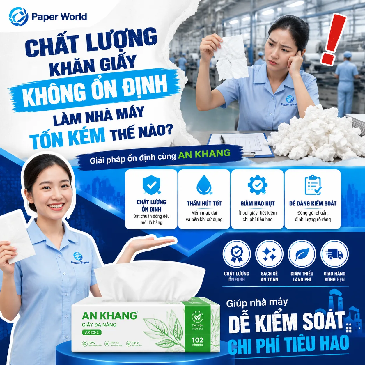 Create a square Vietnamese B2B advertising poster for Paper World and AN