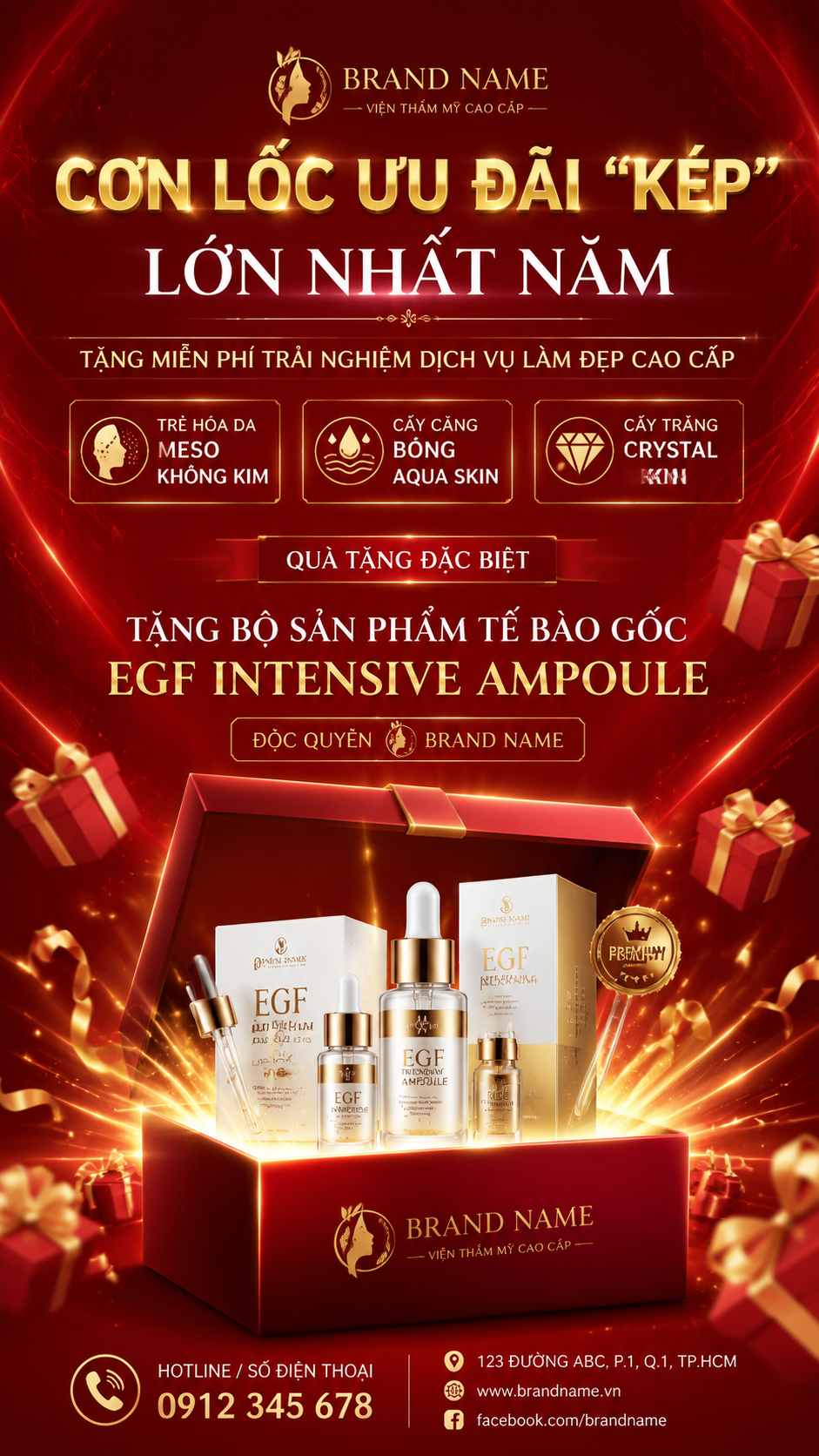 A luxury beauty promotion banner, deep red gradient background, premium 