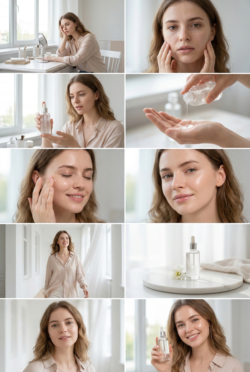 Create a clean, bright skincare commercial storyboard in a 16:9 layout w