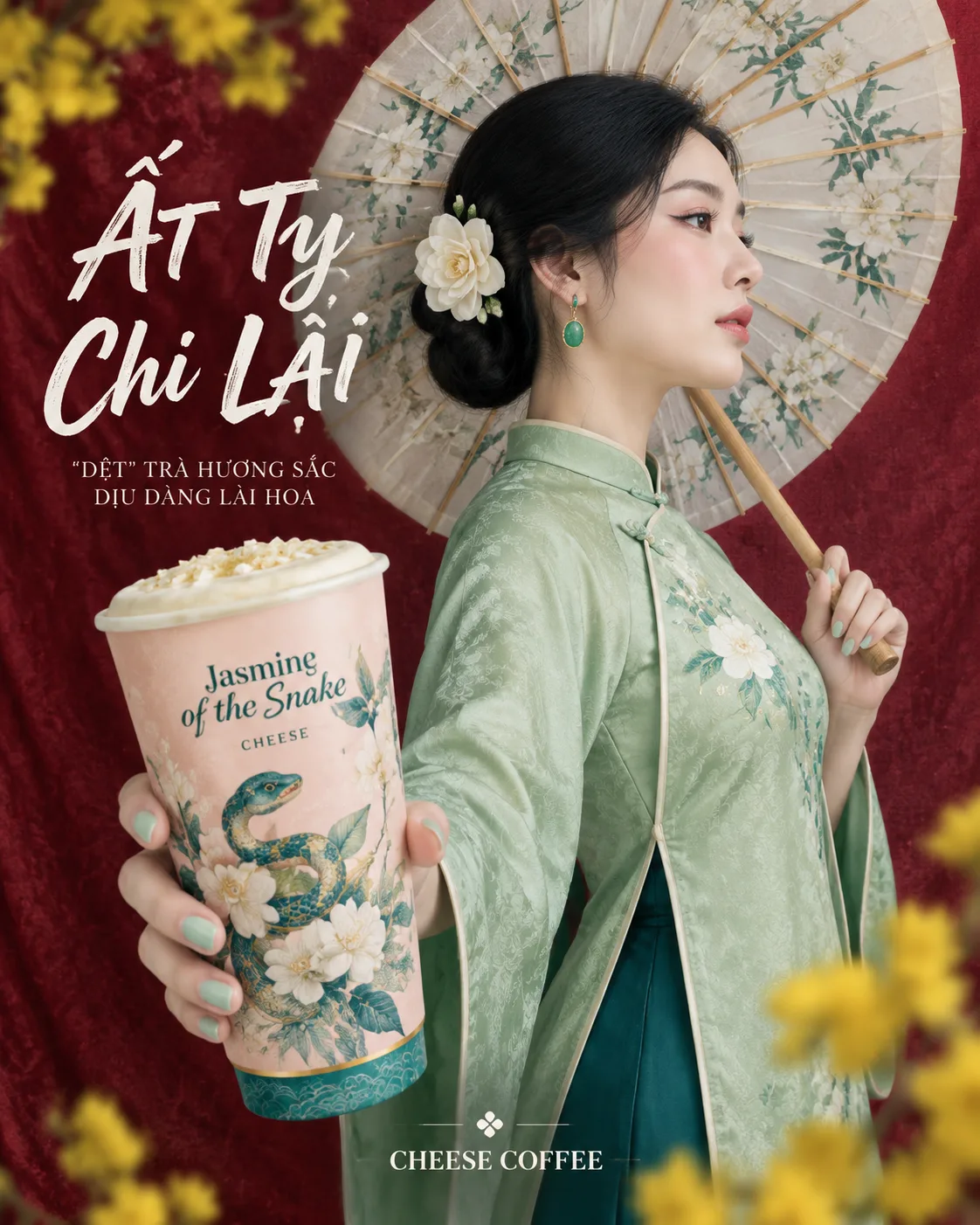 A vertical 4:5 Vietnamese beverage advertising poster showing one young
