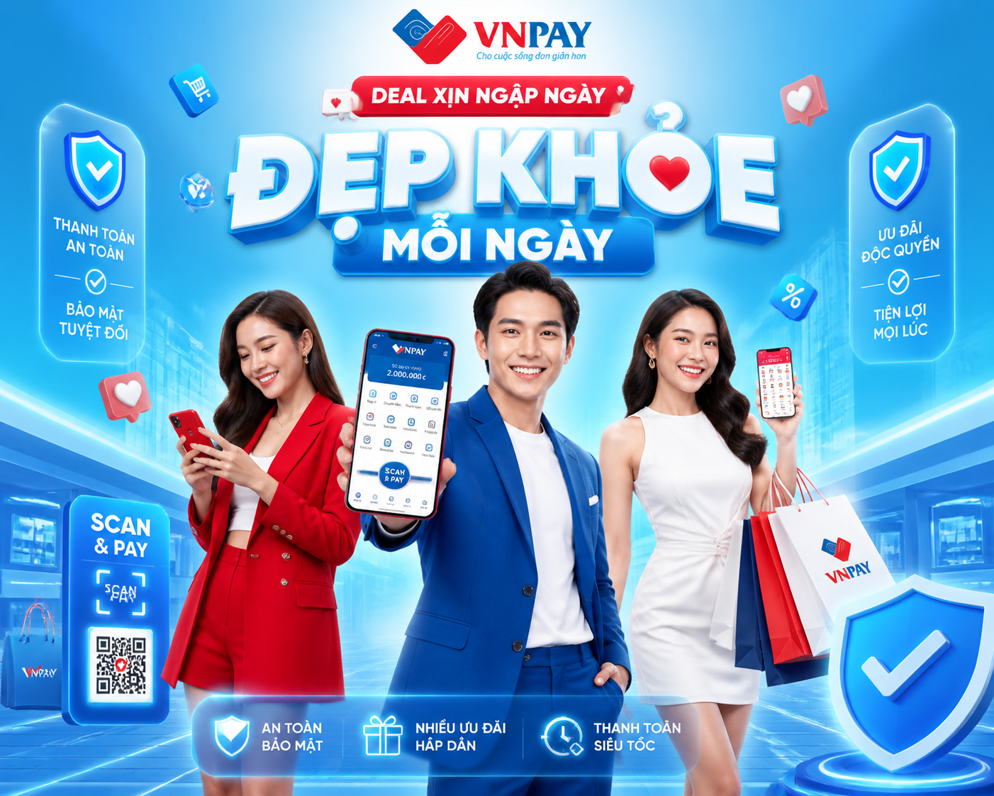 A vibrant fintech lifestyle promotion banner, blue gradient background, 