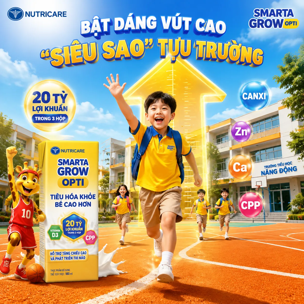 Create a square Vietnamese children’s nutrition drink advertising poster