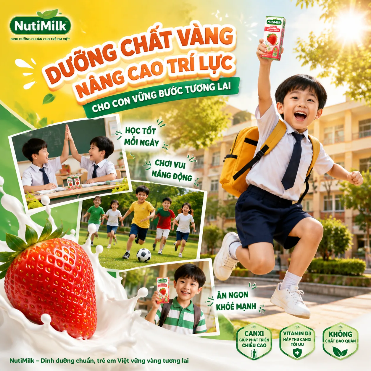 Square Vietnamese children’s nutrition advertisement poster, bright high