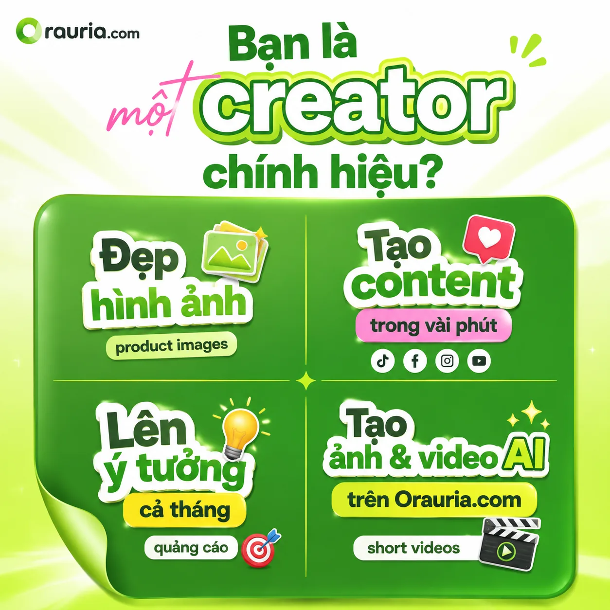 Square Vietnamese AI creative ad for Orauria.com, flat vector social-med