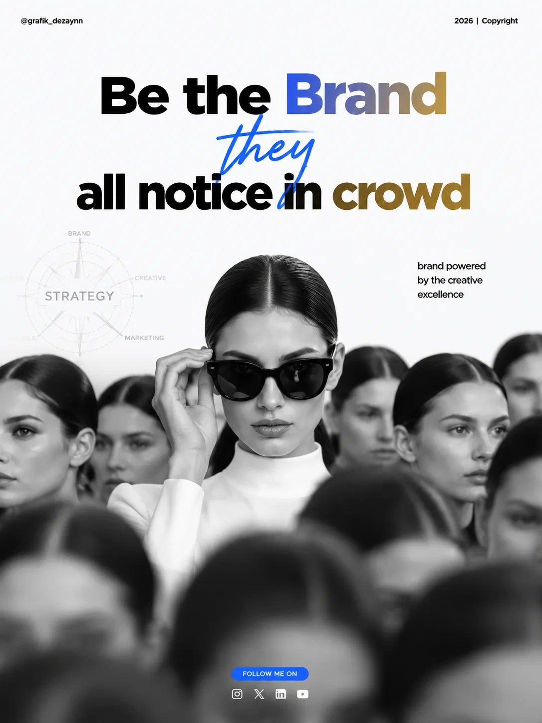Create a vertical 3:4 premium branding poster with a clean white backgro