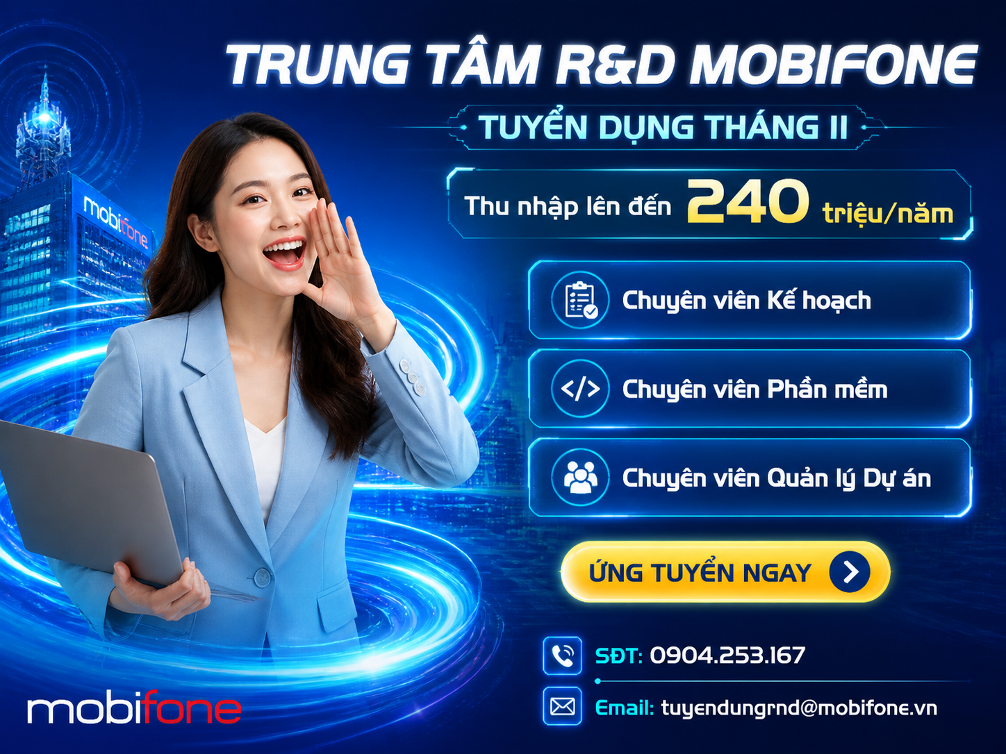 A modern corporate recruitment banner, technology telecom style, blue gr