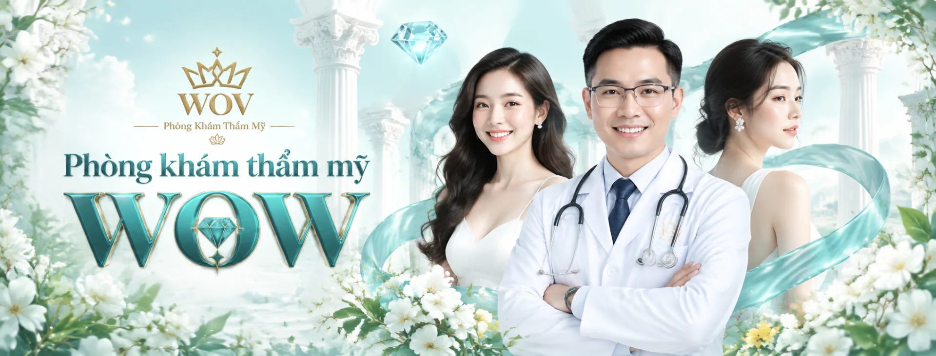 Create a very wide panoramic Vietnamese cosmetic-clinic advertising bann