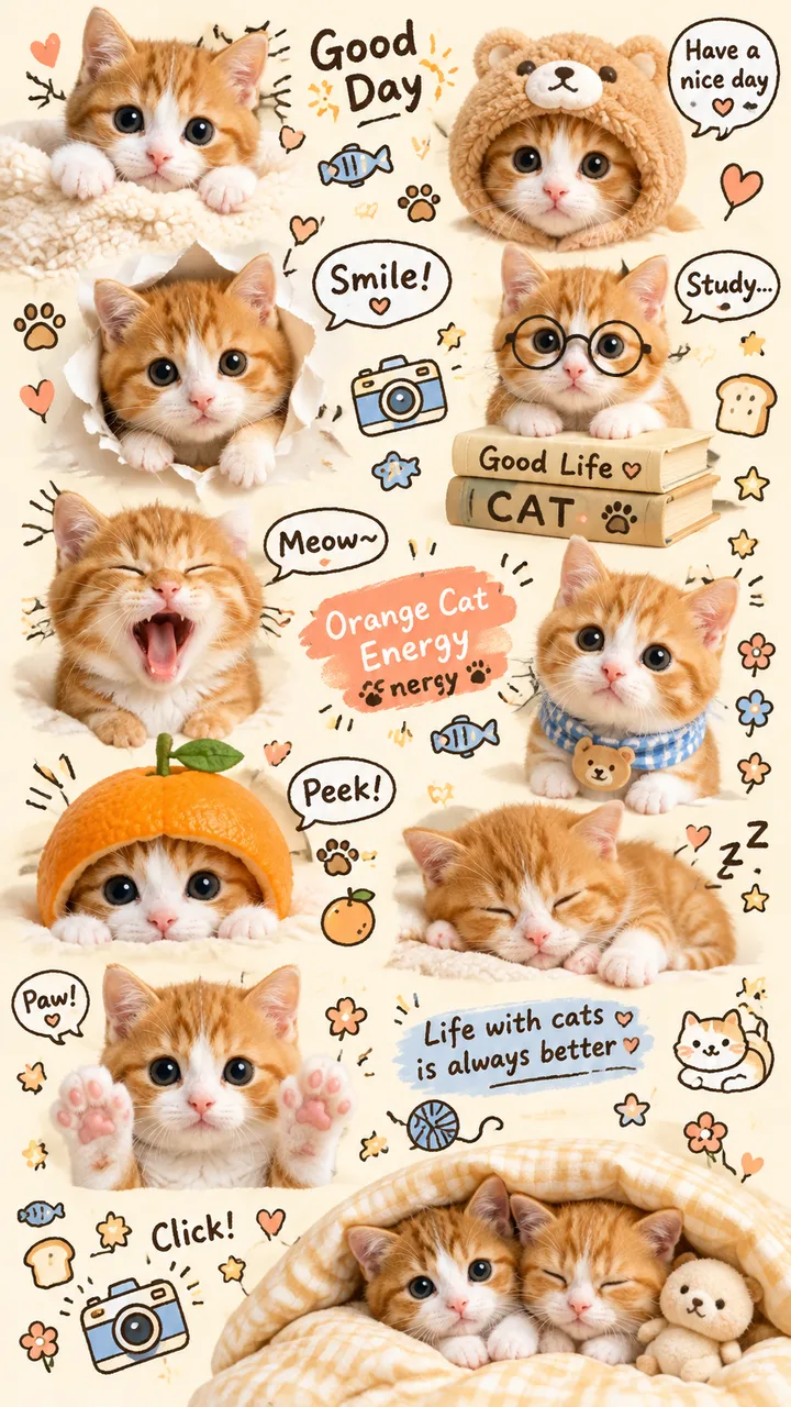 Create an extremely tall 9:20 kawaii scrapbook poster collage on a warm