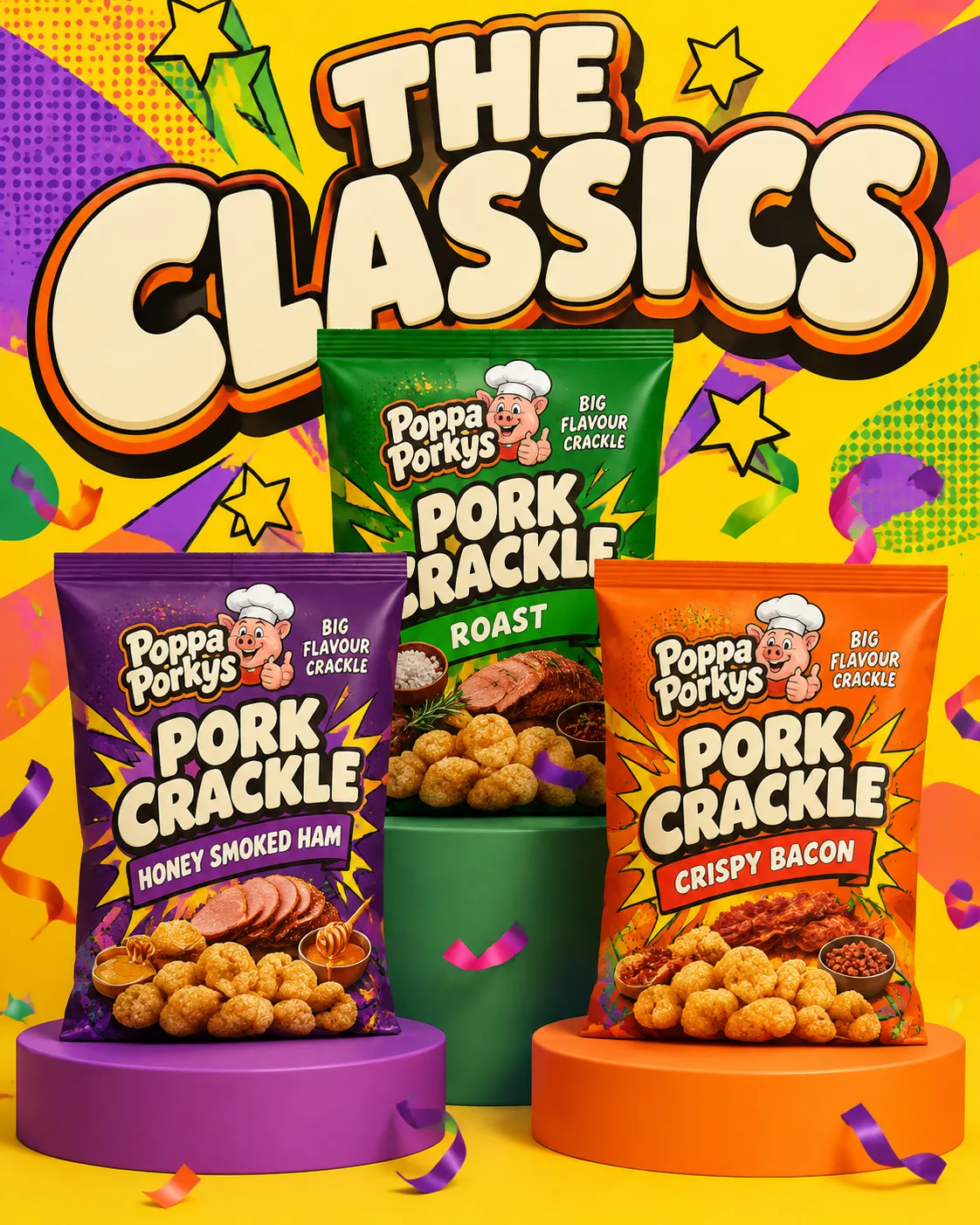 Create a portrait 4:5 commercial snack advertisement with three upright