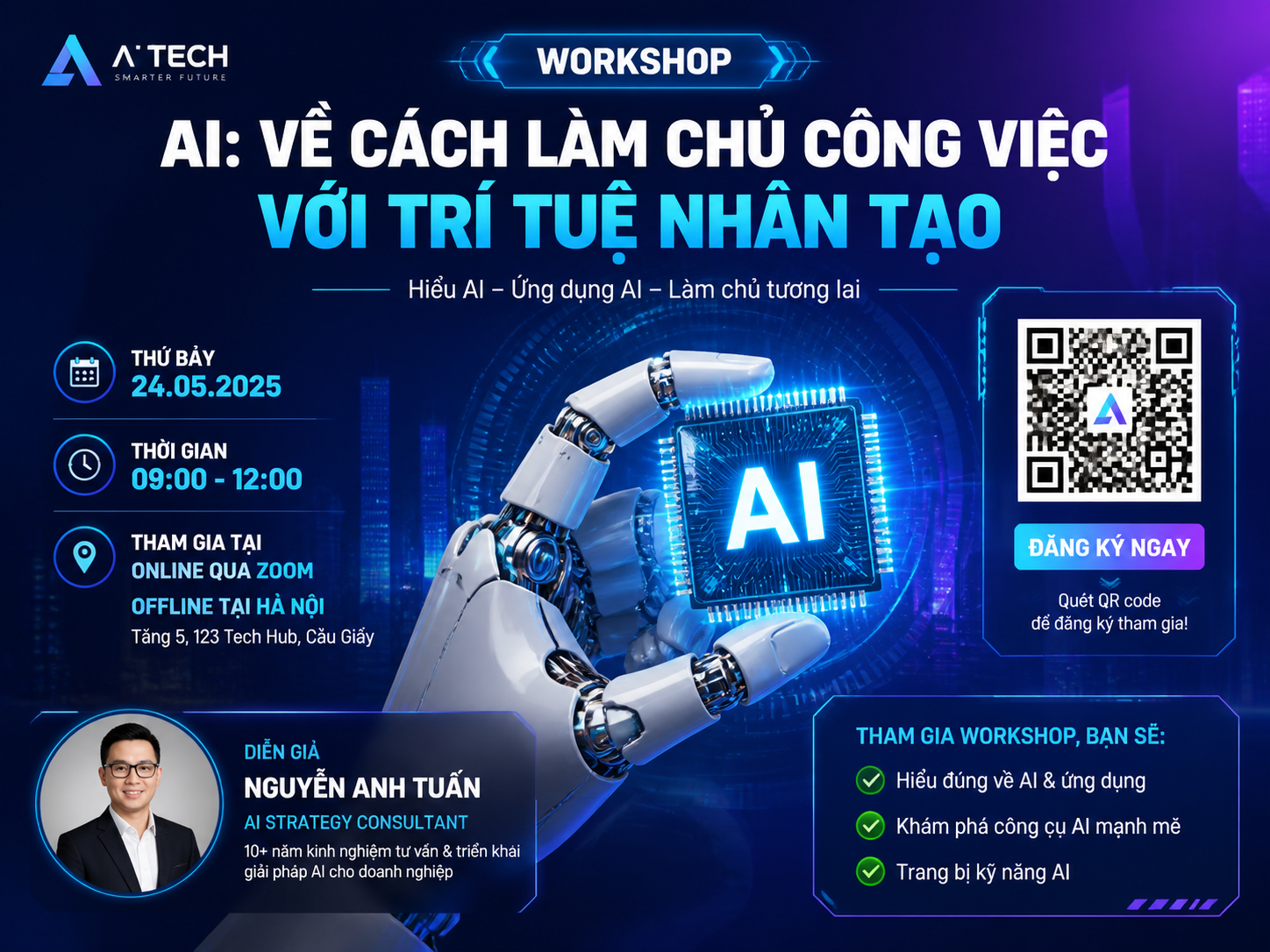 A modern AI technology workshop banner, futuristic style, blue-purple gr