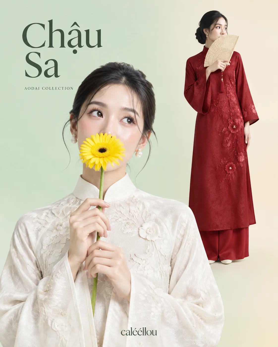 Create a vertical 4:5 Vietnamese ao dai fashion collection poster with t