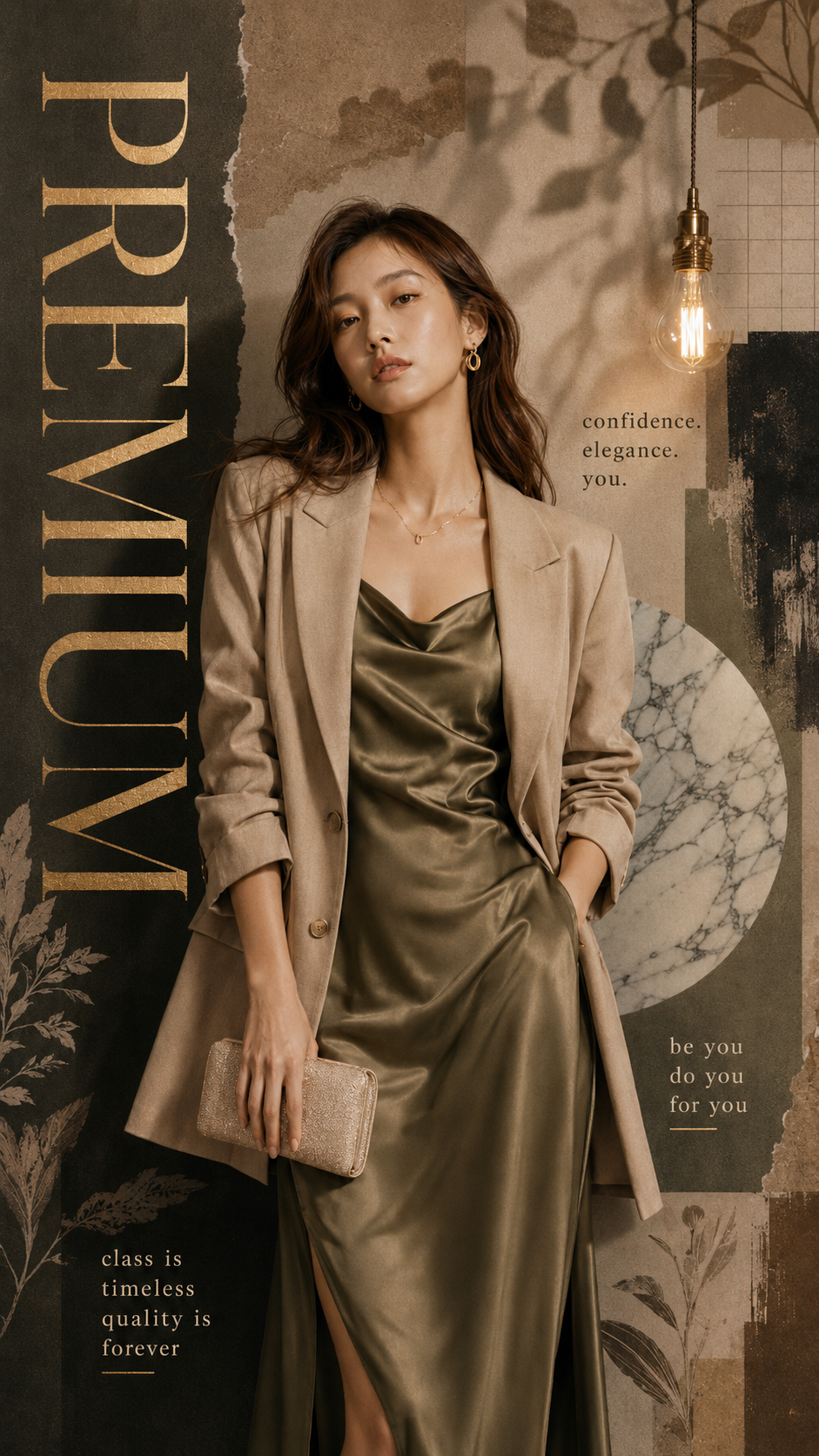 Luxury fashion editorial poster, premium magazine collage style, earthy