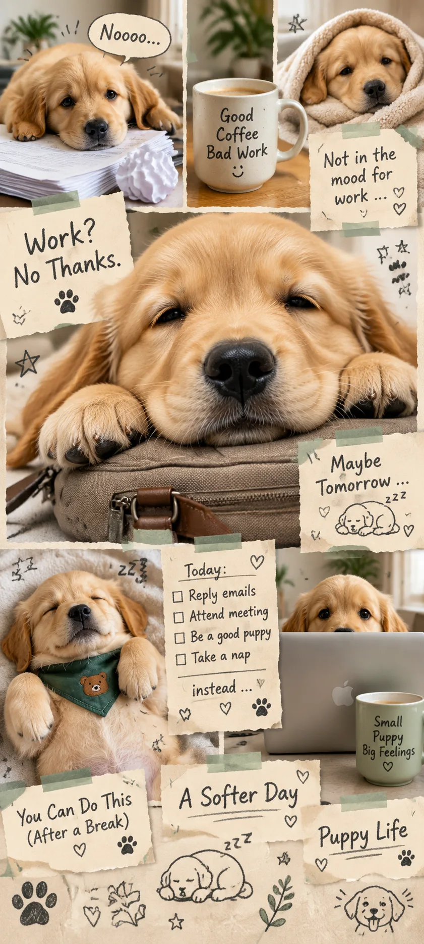 Create a very tall 9:20 vertical scrapbook collage about avoiding work,