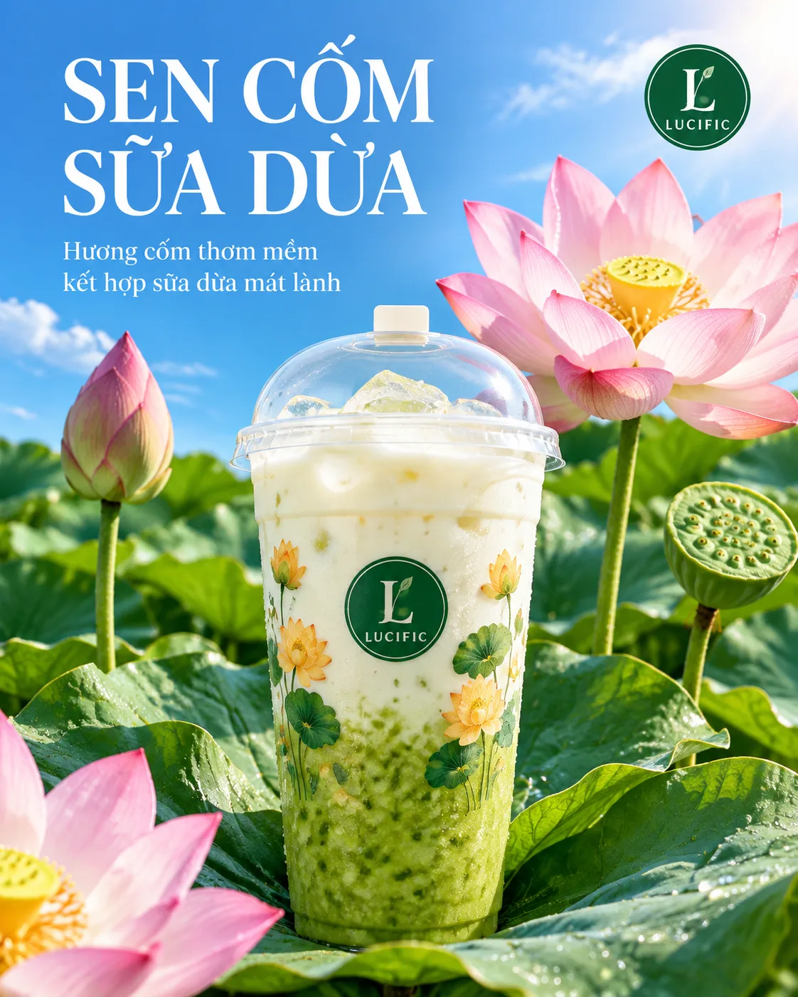Vertical 4:5 Vietnamese beverage advertising poster, one tall clear plas