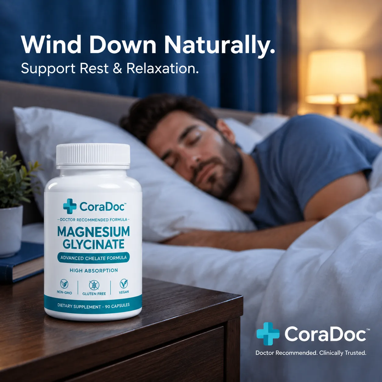 Create a square photorealistic commercial wellness ad for CoraDoc™ magne