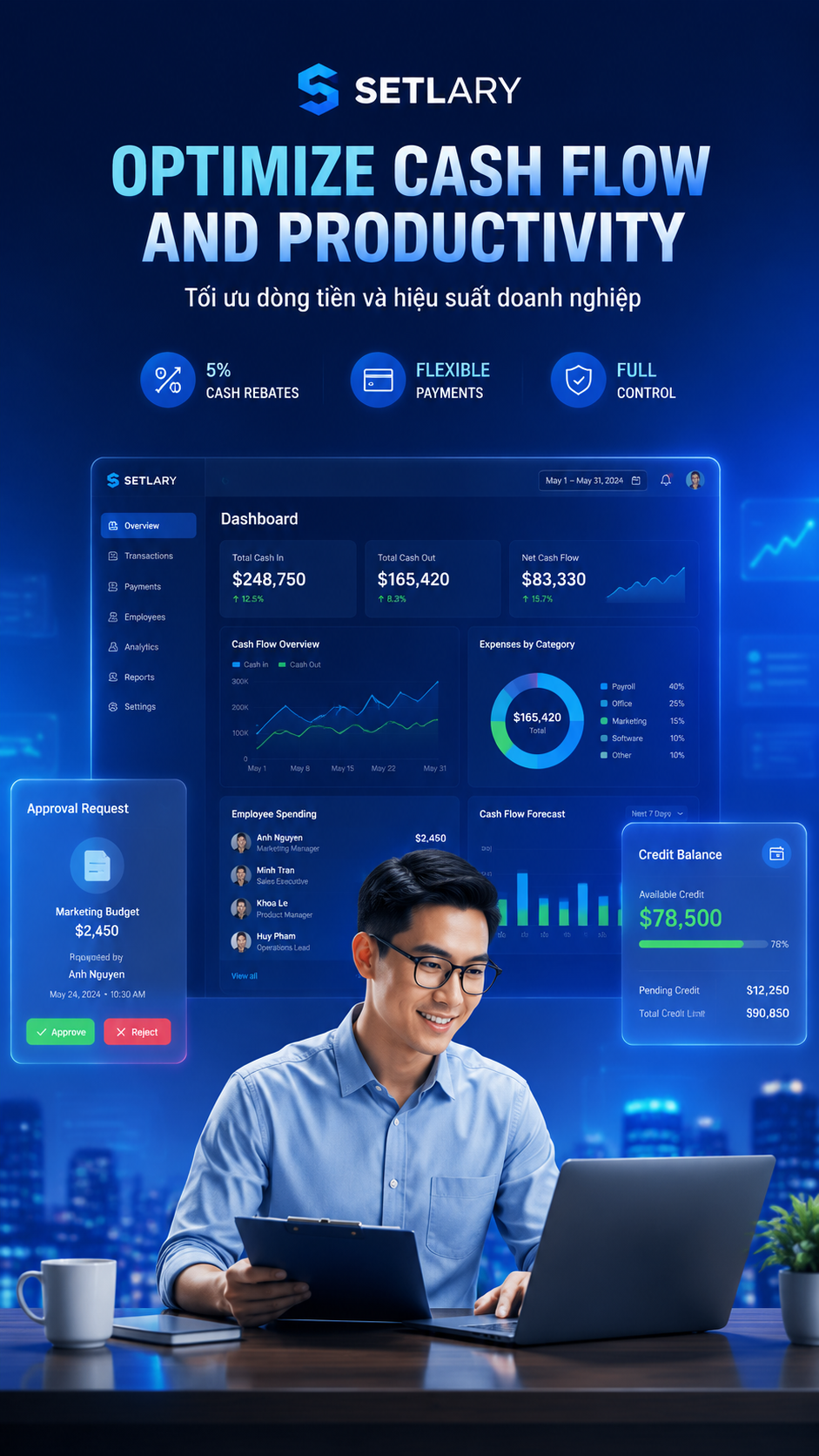 A modern fintech SaaS banner, blue gradient background, clean and profes