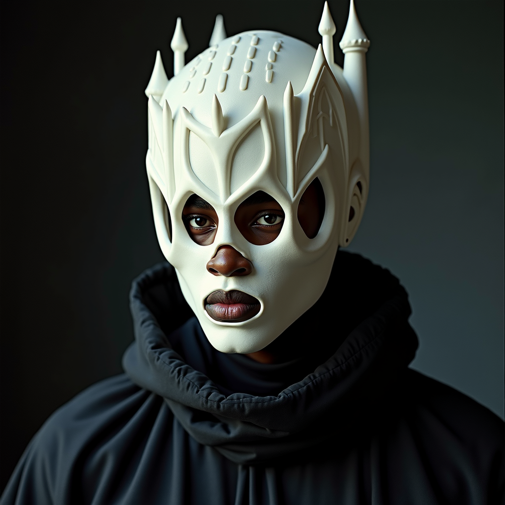 FLUX prompt: Young Afro-American man wearing a full-face cover ...