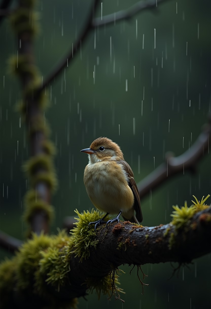 FLUX prompt: A small bird perched on a branch, rain falling sof...