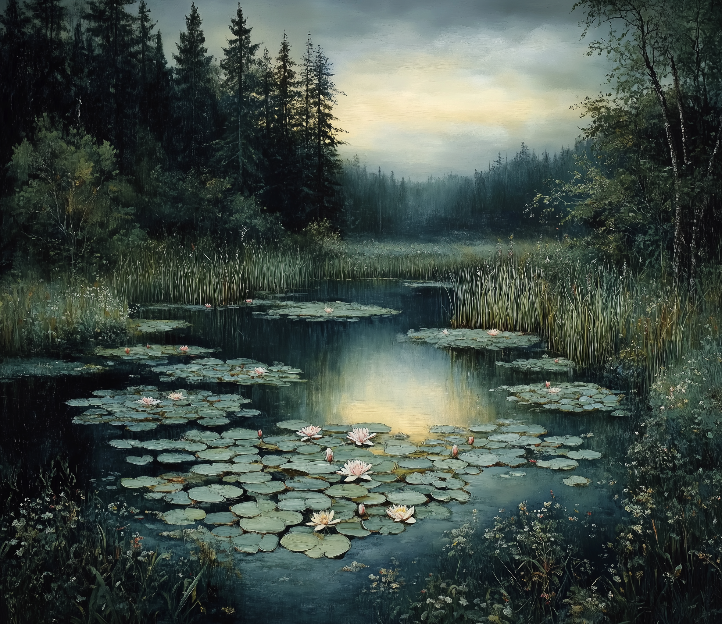 Midjourney prompt: A Renaissance painting of an isolated pond with li...