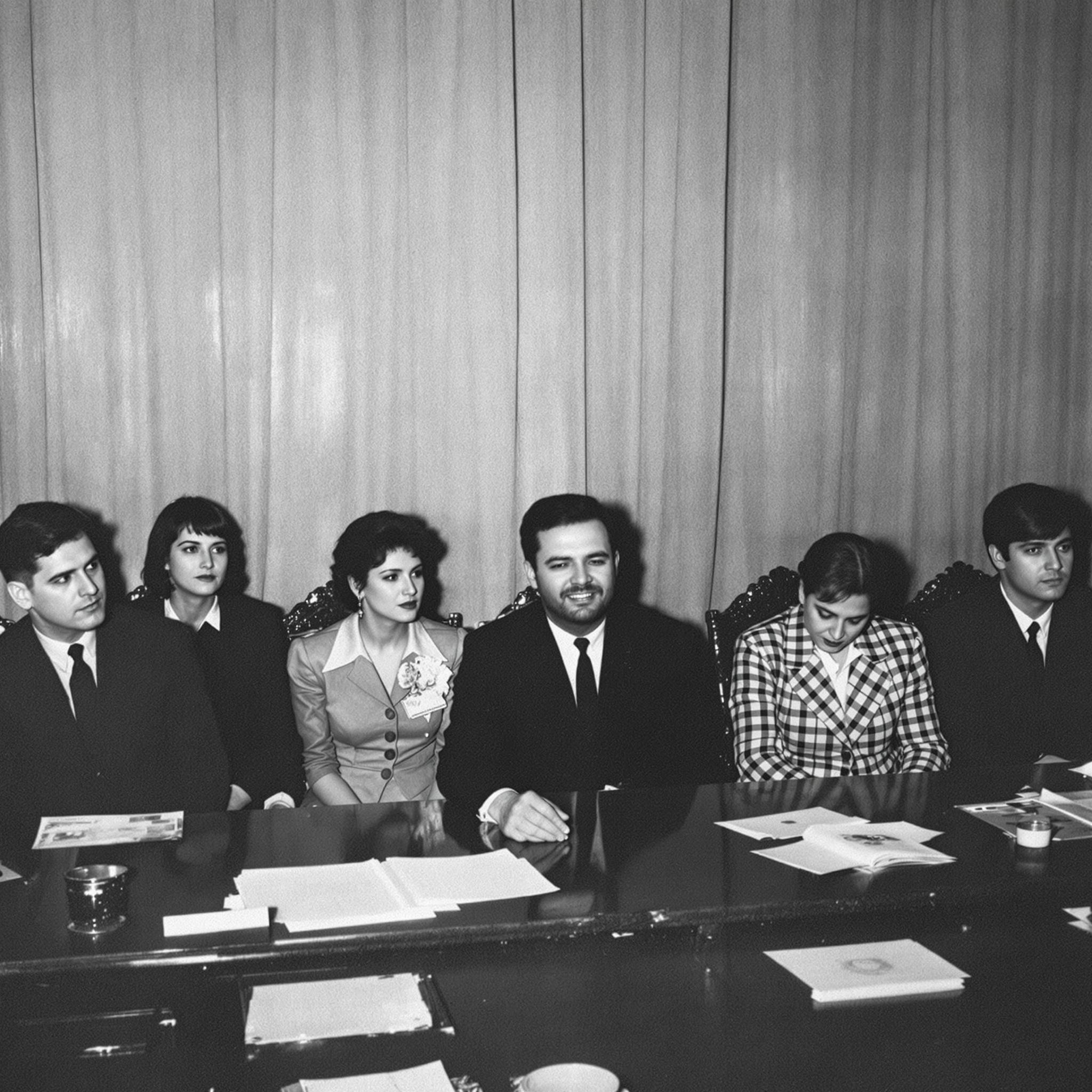 FLUX prompt: A haunting black-and-white photograph of a group o...
