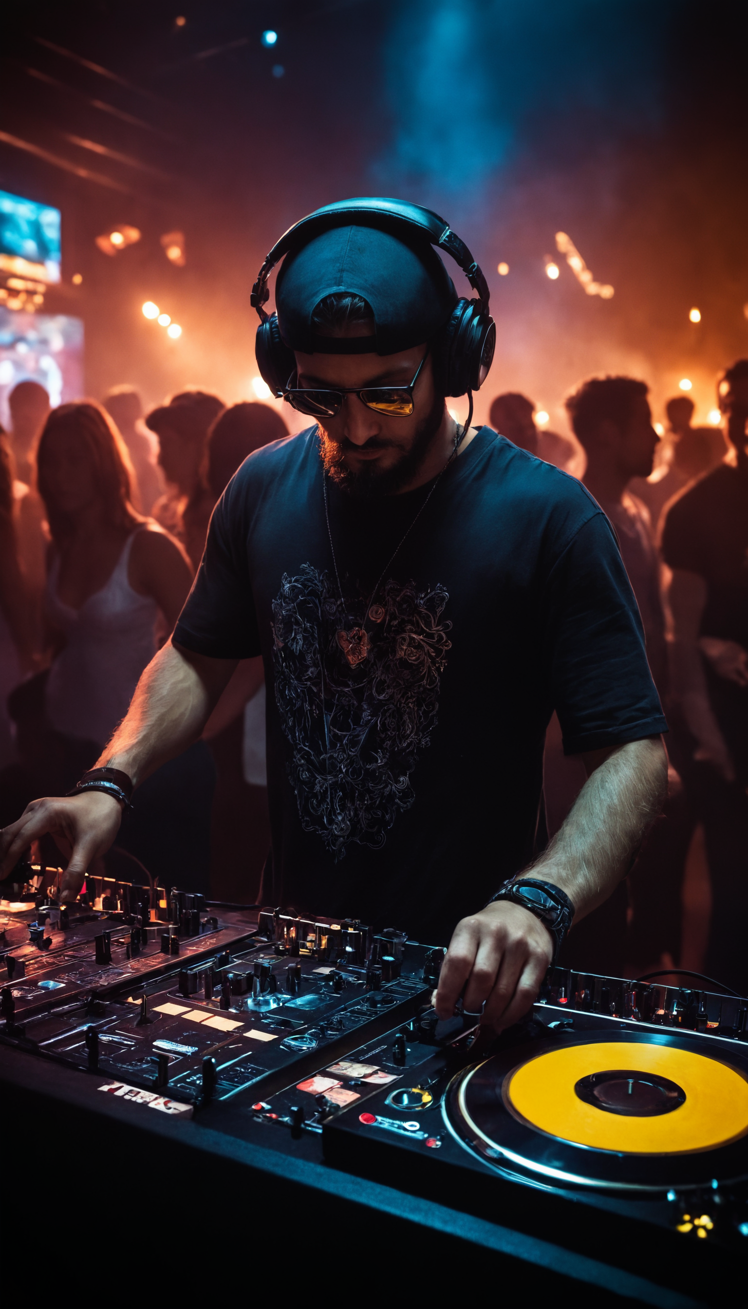 Stable Diffusion prompt: A DJ with a beard and glasses wearing a baseball c...