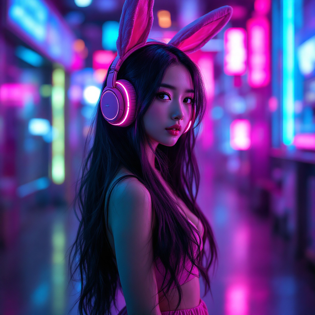 FLUX prompt: The pink bunny asian girl in the cyber world is a ...