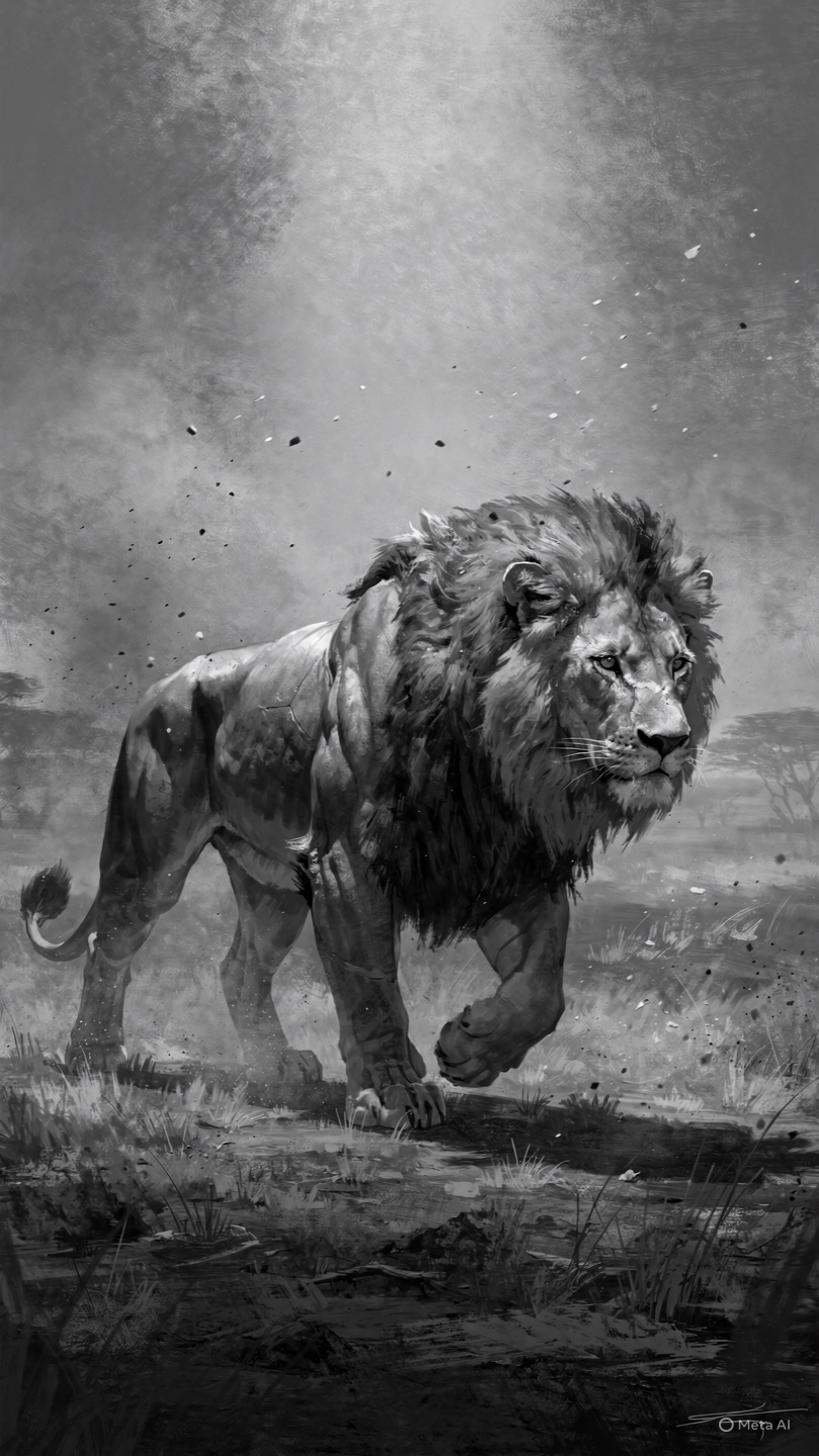a lion walking in the savana, side view, Dark fant...