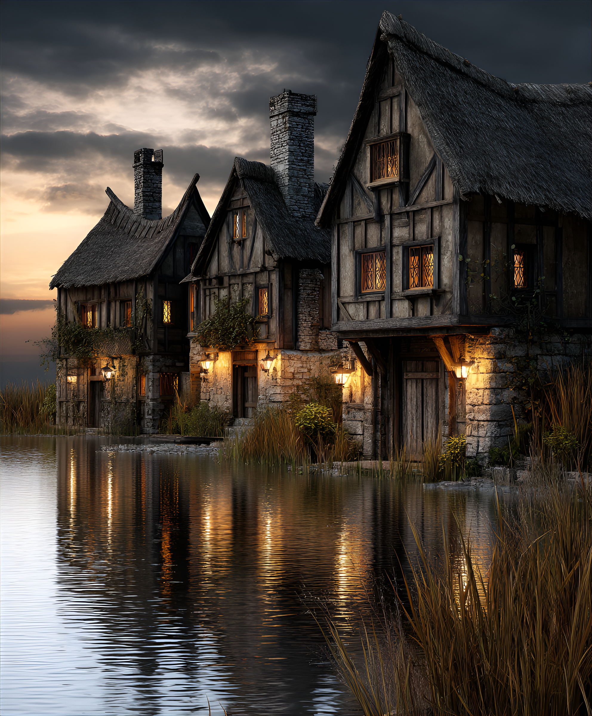Midjourney prompt: Medieval serf cottages, timberframed, strawthatche...