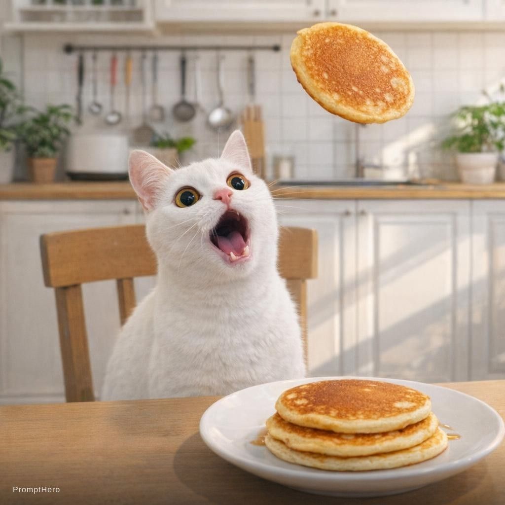 Hero prompt: The image depicts a kitchen scene with a cat sitti...