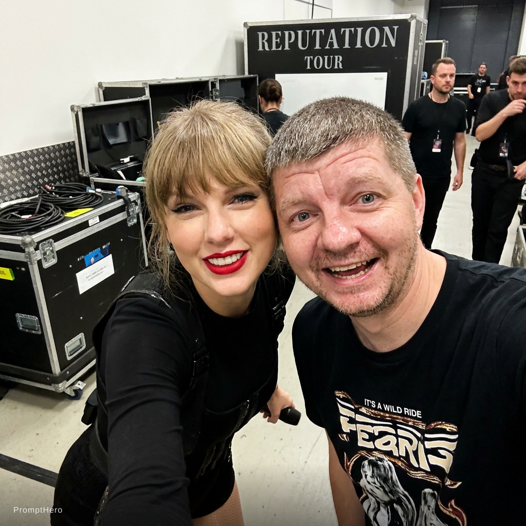 Nano Banana prompt: with Taylor Swift backstage at a concert, excited