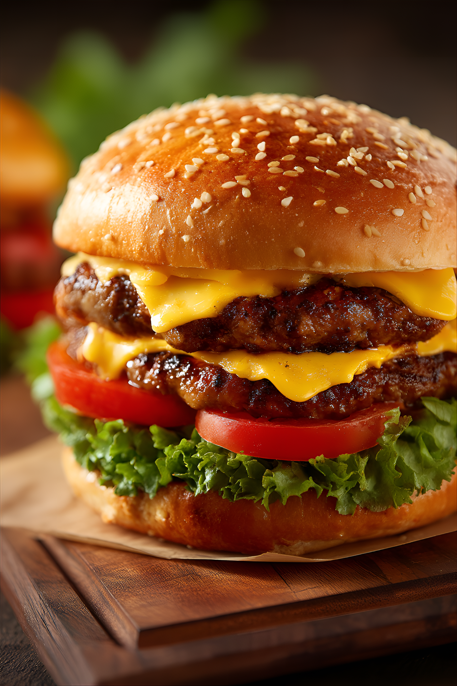 Midjourney prompt: Close-up double cheeseburger, golden-brown sesame ...