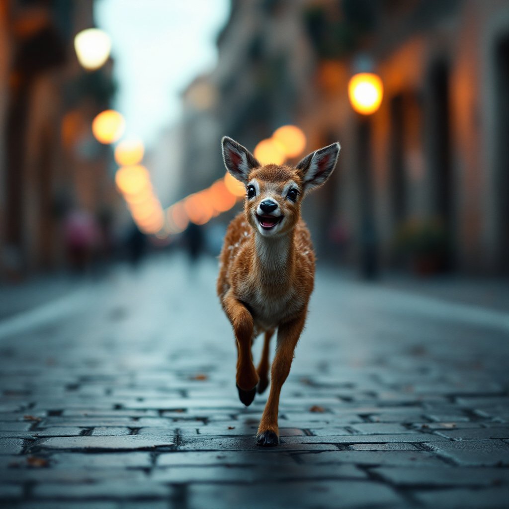 FLUX prompt: a baby deer running and laughing, streets of Rome,...