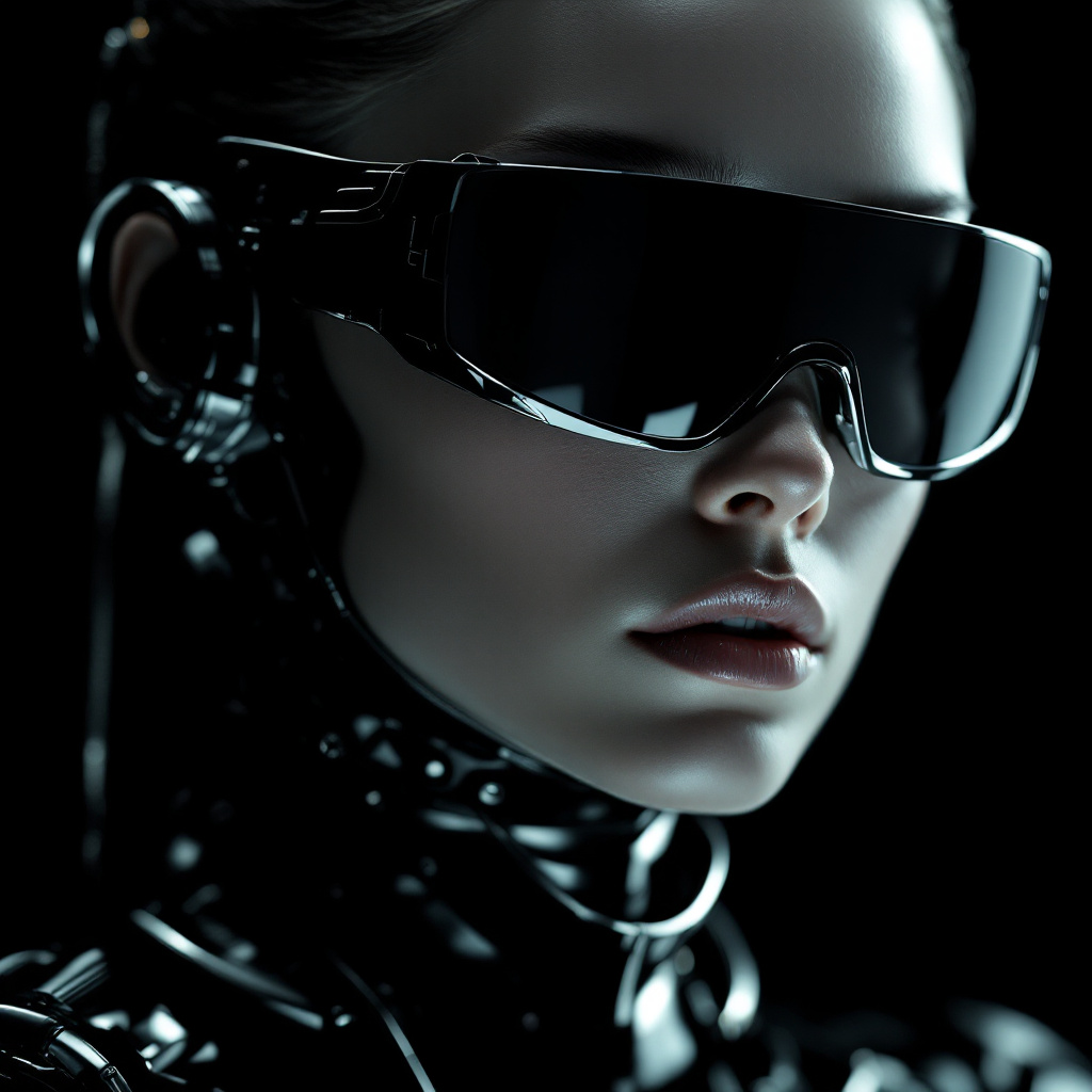 FLUX prompt: A portrait of an android woman wearing reflective ...