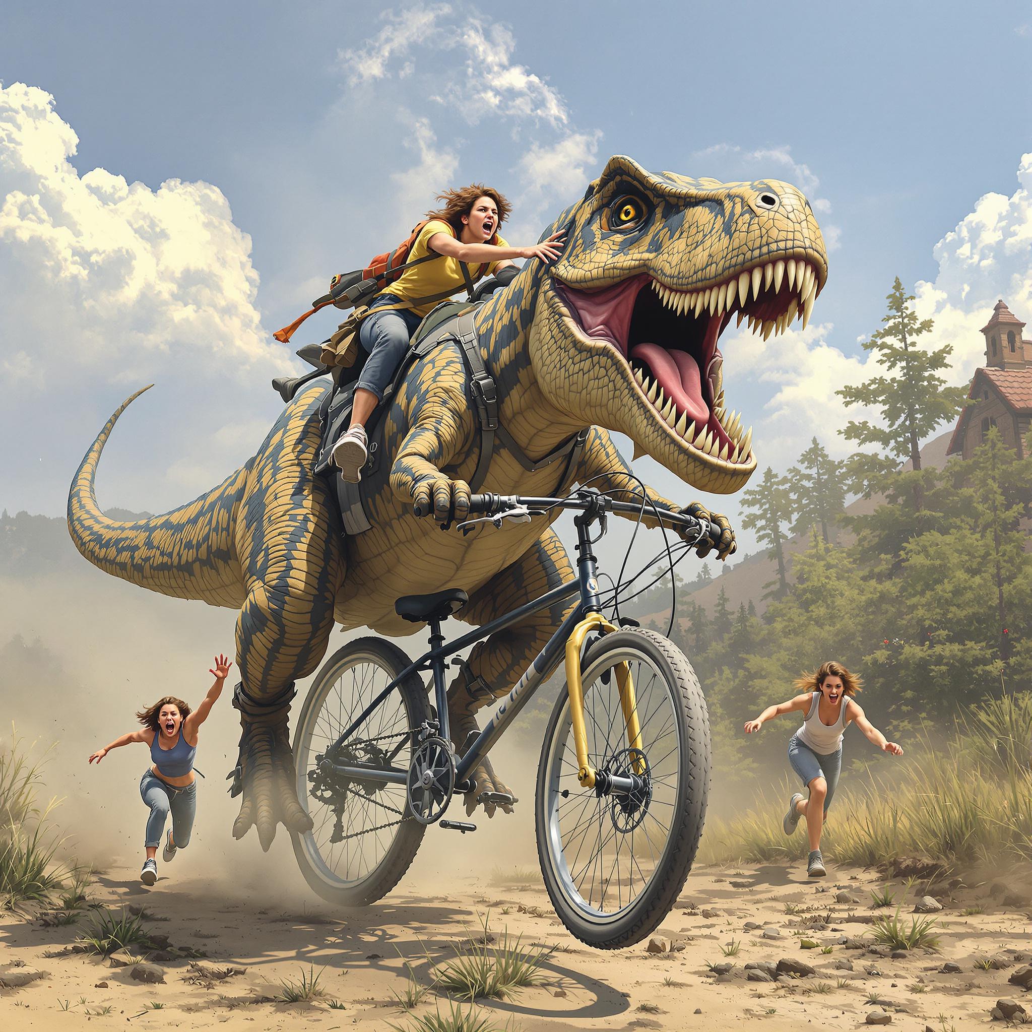 FLUX prompt: Highly realistic Tyrannosaurus rex riding a bike, ...