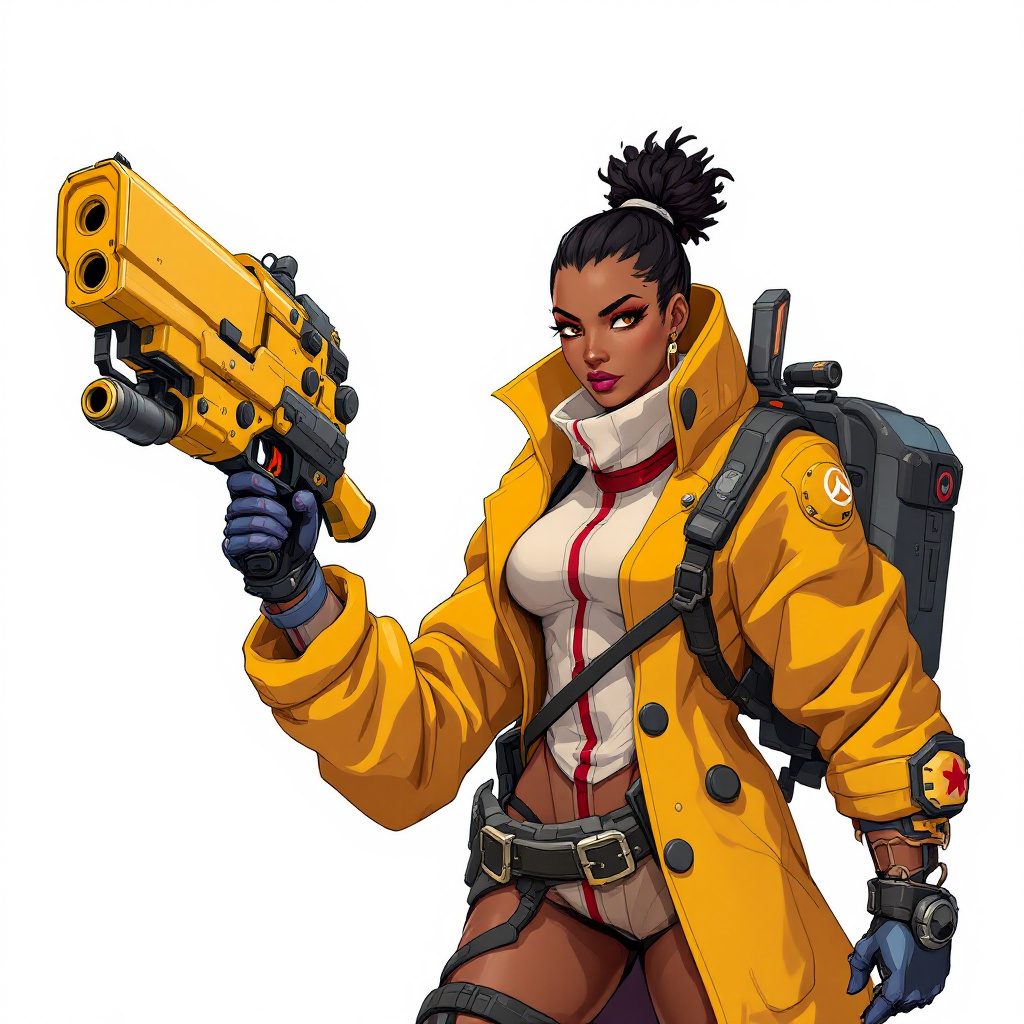 FLUX prompt: a woman in a yellow coat holding a gun and a gun, ...