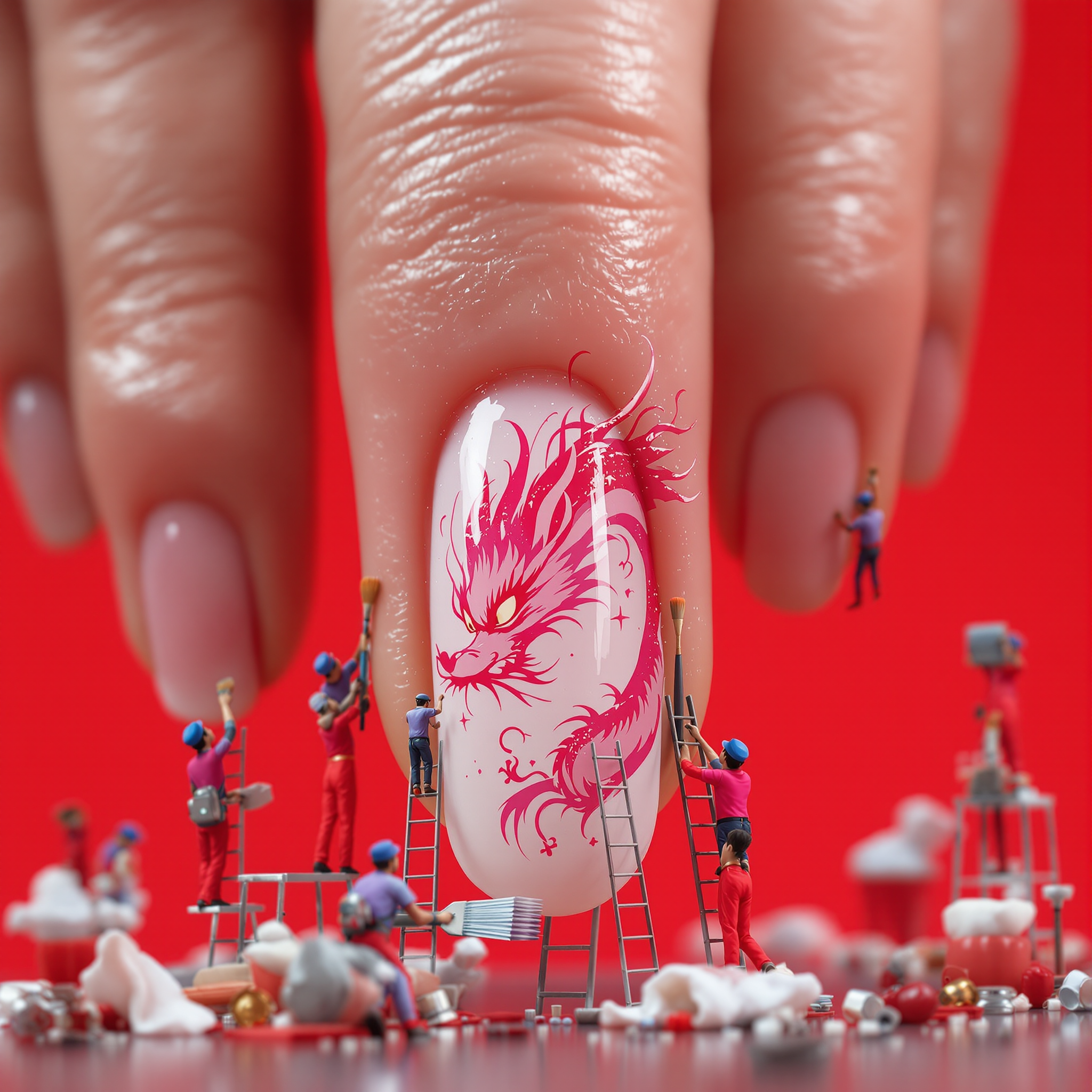 FLUX prompt: Tiny miniature workers in uniforms are painting an...