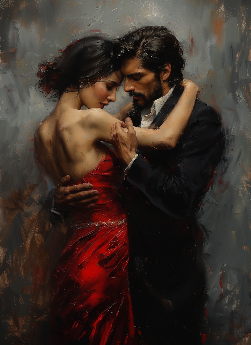 Midjourney prompt: An oil painting man and woman are dancing the tang...
