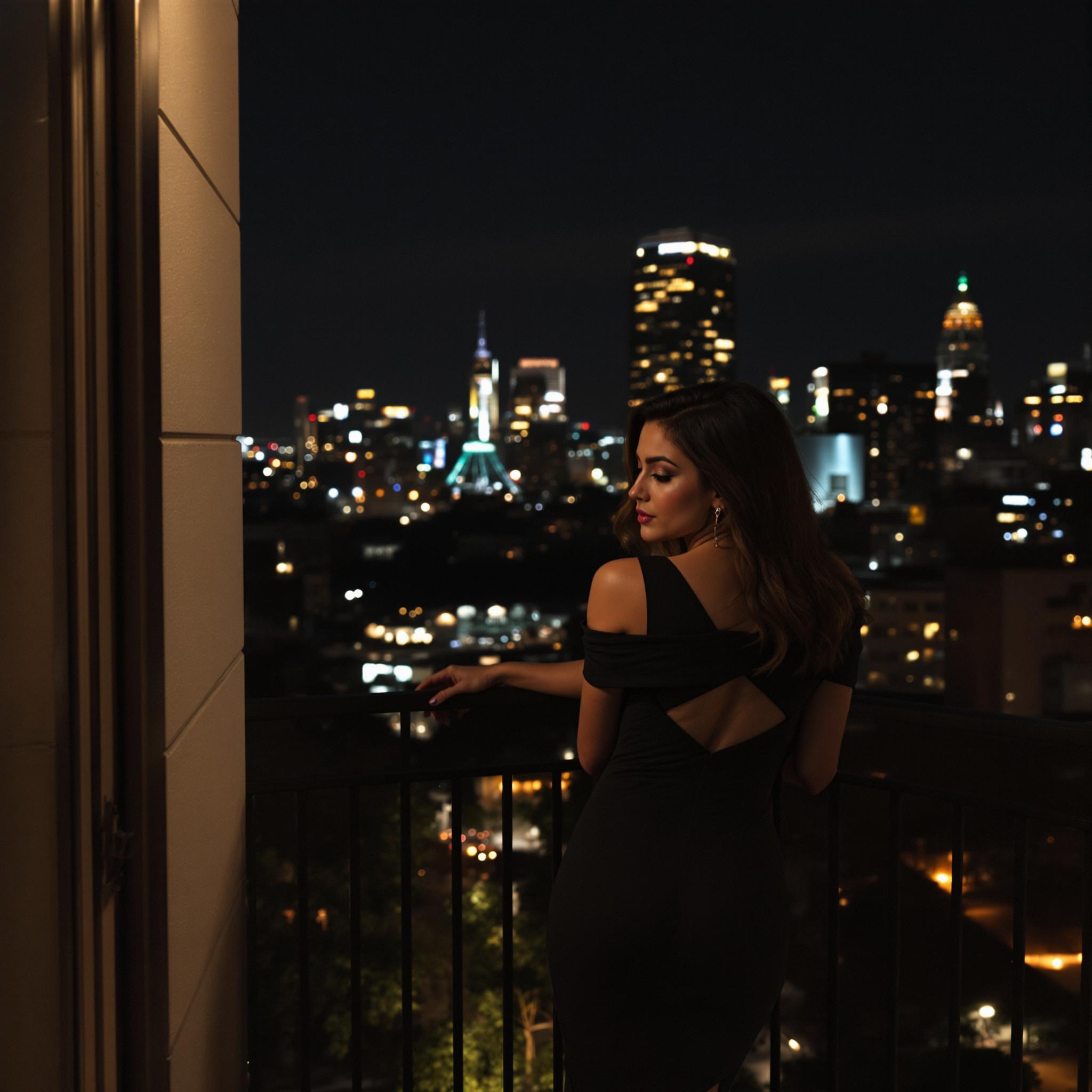 FLUX prompt: female wearing a black dress standing on a balcony