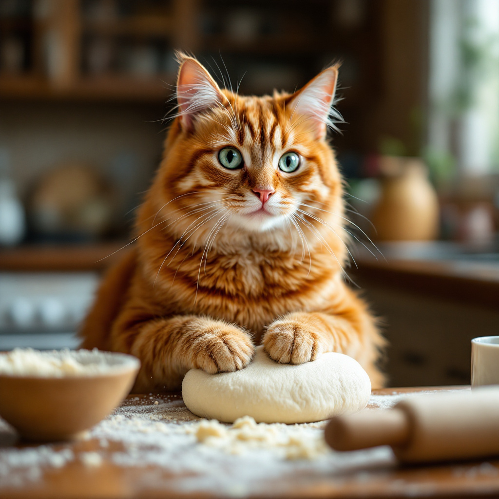 FLUX prompt: A ginger cat sitting at kitchen table, kneading do...