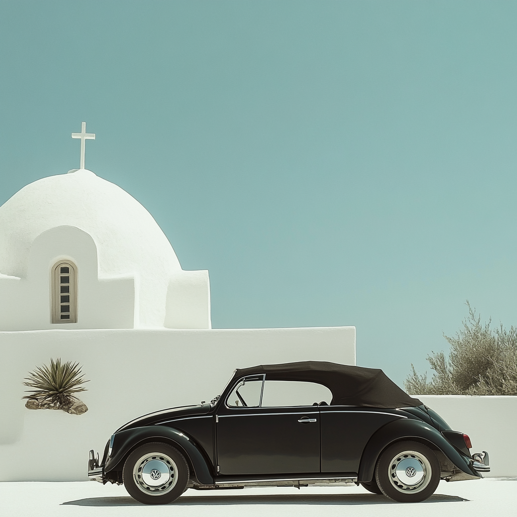 Midjourney prompt: A vintage black wolkswagen golf car cabrio in fron...