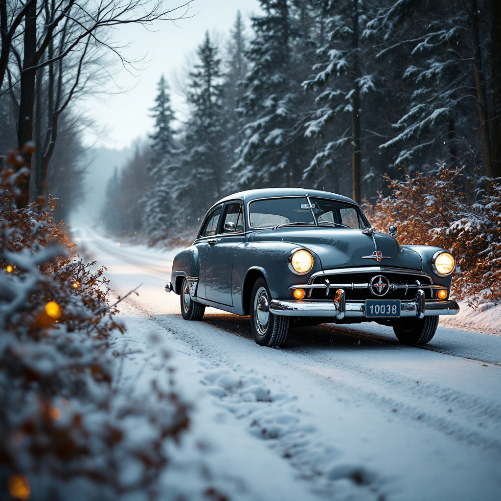 FLUX prompt: year 1960 grey fiat tipo 2018 sedan in winter road...